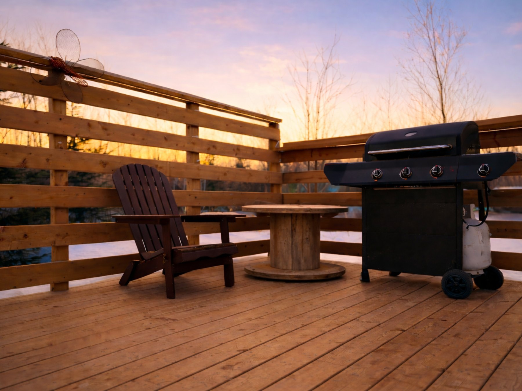 Birchwood Meadow — the BBQ and spool table on the private deck