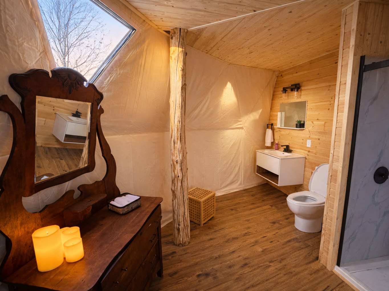 Birchwood Meadow — the bathroom, with its antique dresser and shower