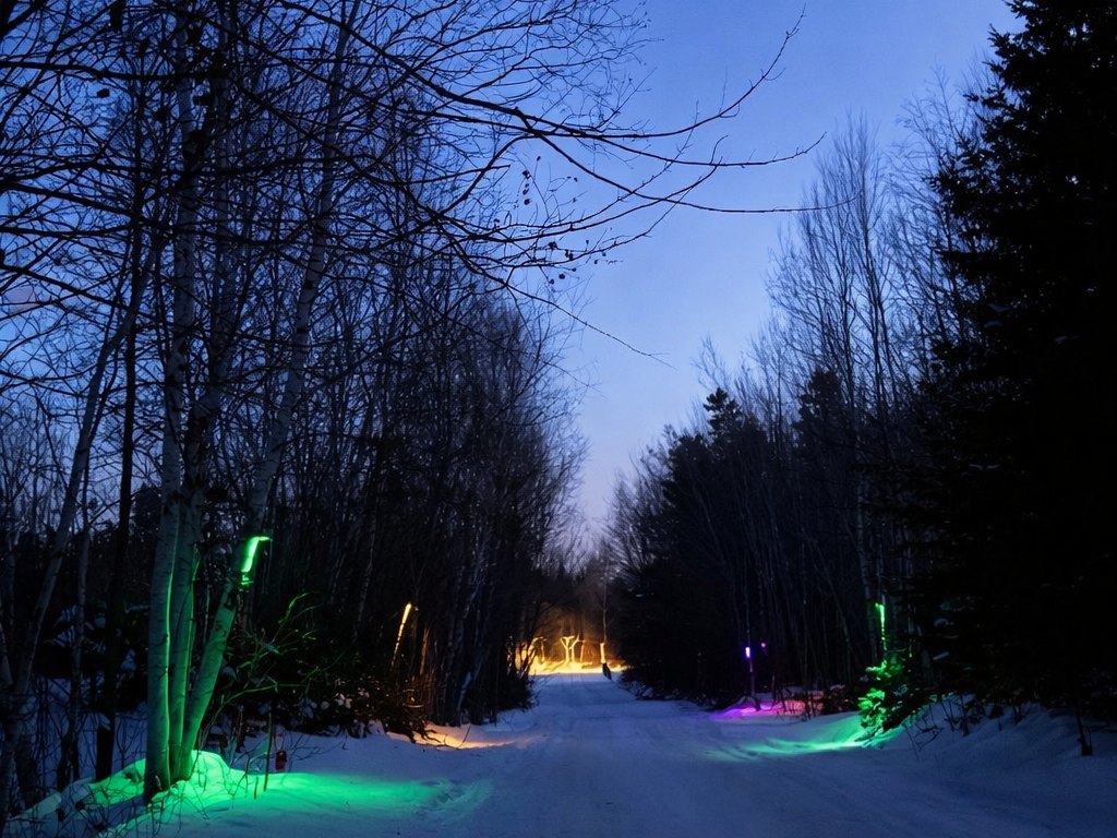 Birchwood Meadow — the lit driveway winding through the trees at night