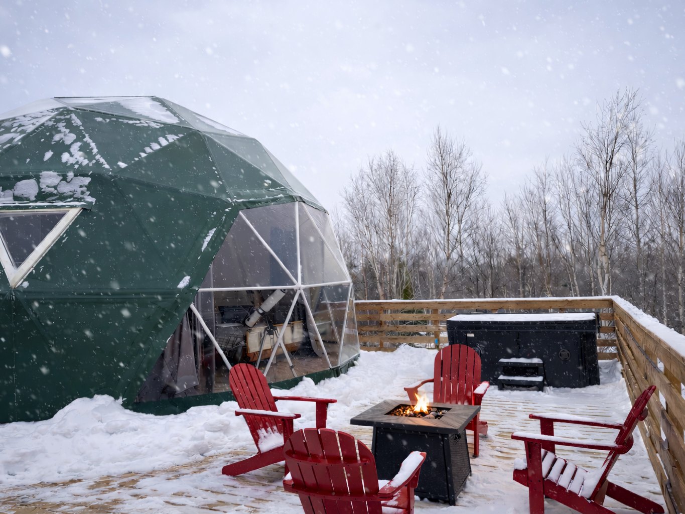 Birchwood Meadow — the fire pit glowing in falling snow