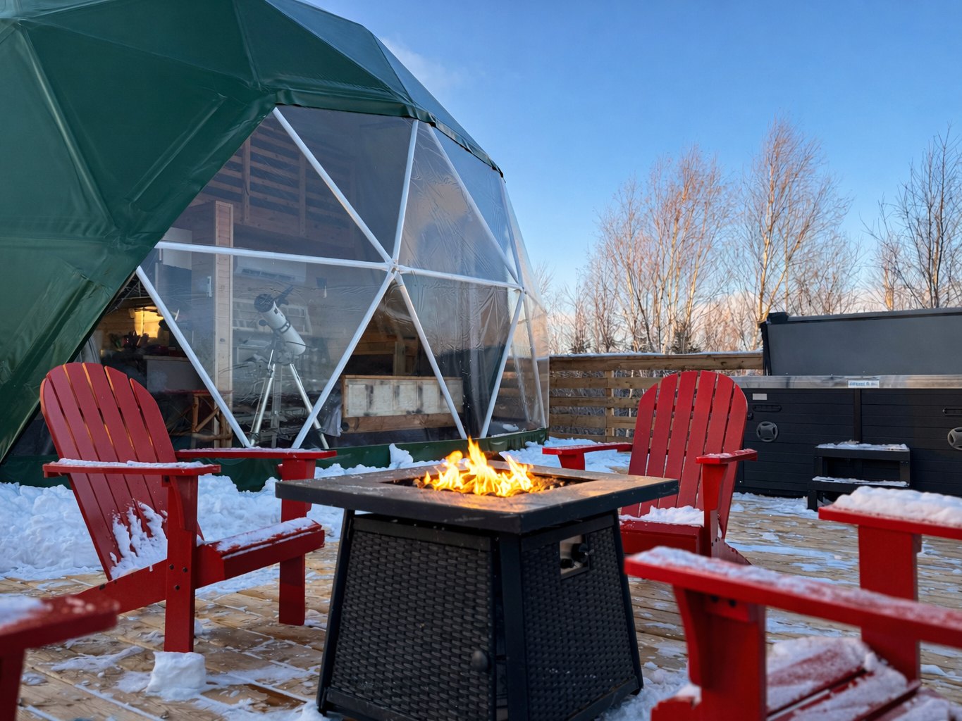 Birchwood Meadow — the fire table and red Adirondack chairs on the snowy deck