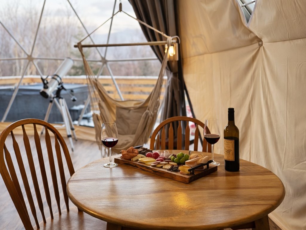 Birchwood Meadow — wine and a charcuterie board at the dining table
