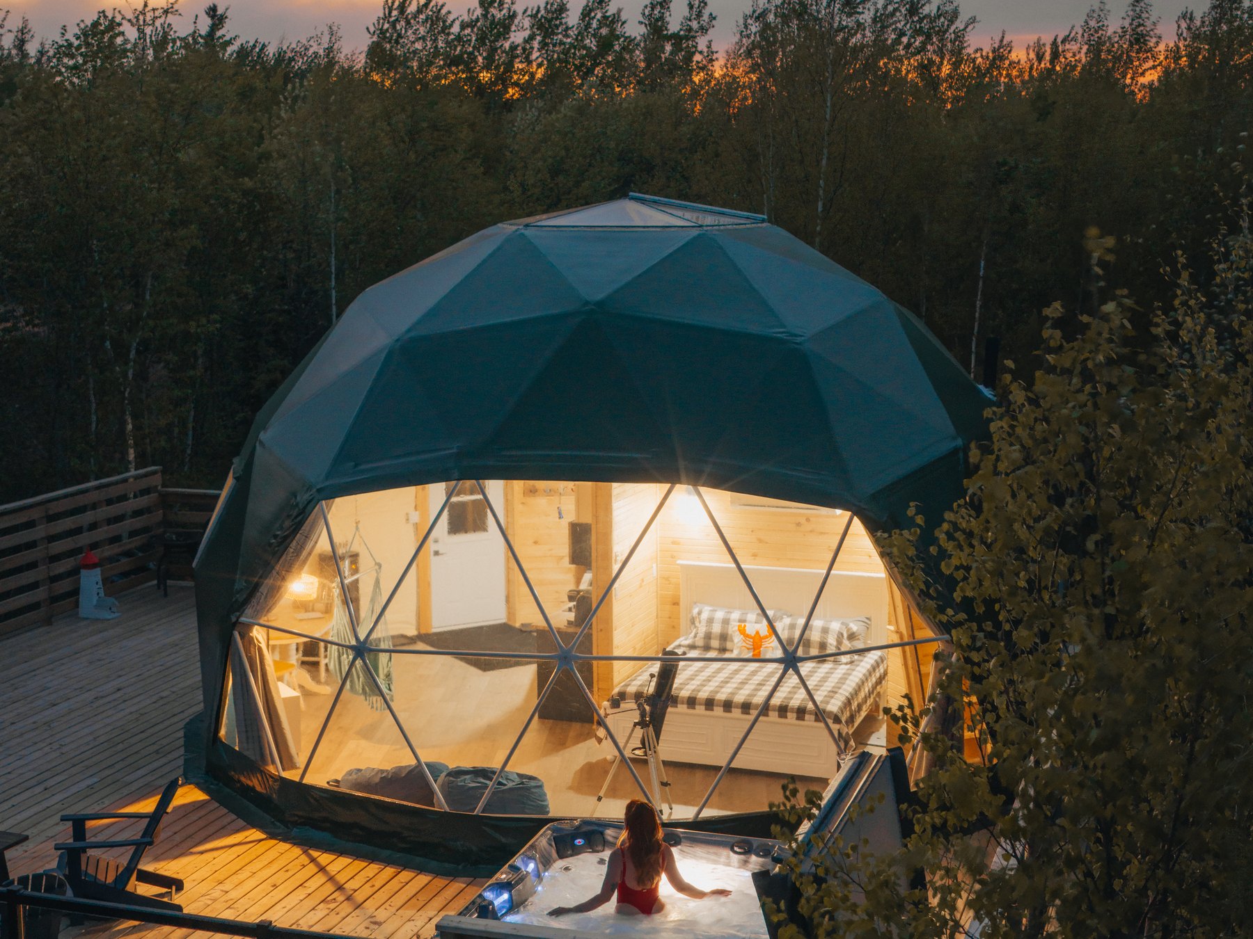 Harbor Haven — the dome lit at sunset, seen from above