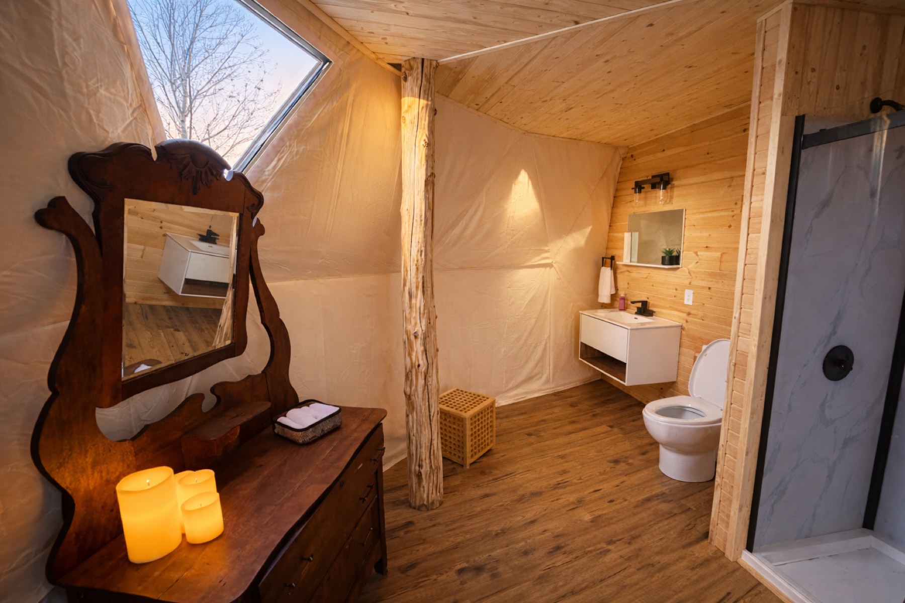 Private indoor bathroom with shower inside the dome