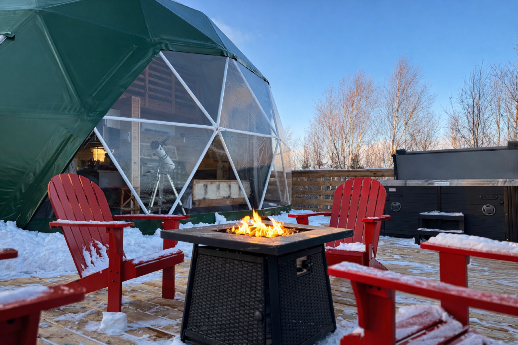 Wood-burning fireplace and seating area inside a glamping dome