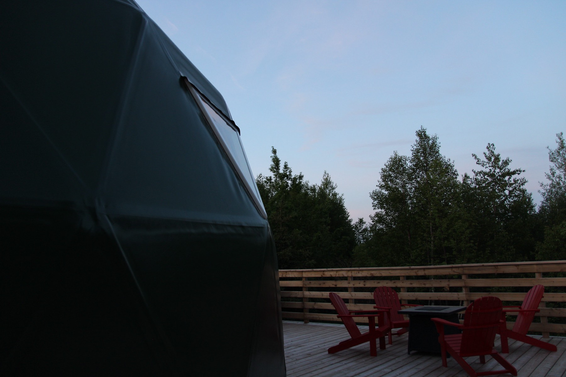 Dome deck at dusk looking out over the West Prince countryside