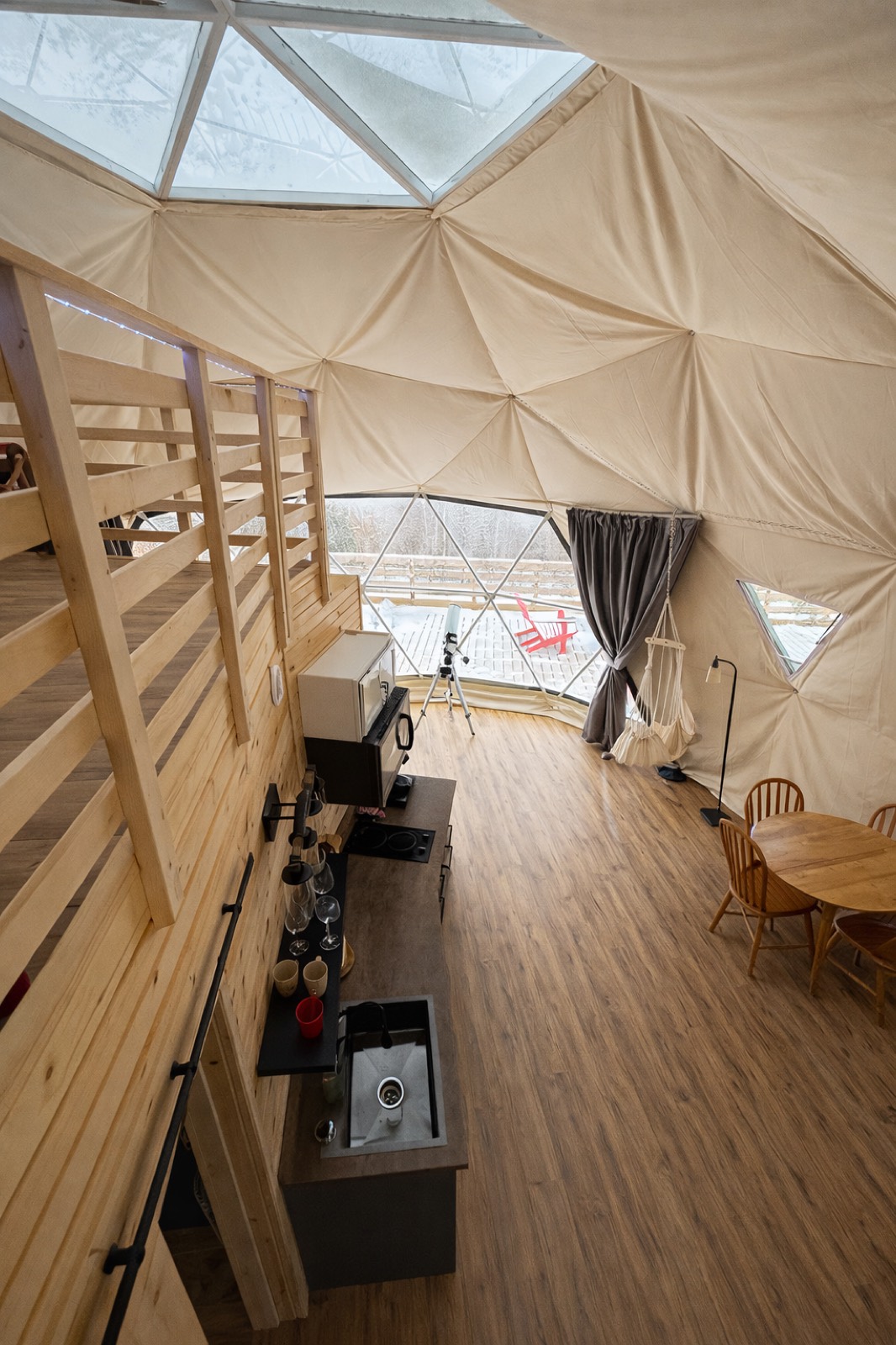 Bird's-eye view of the dome kitchenette and living space