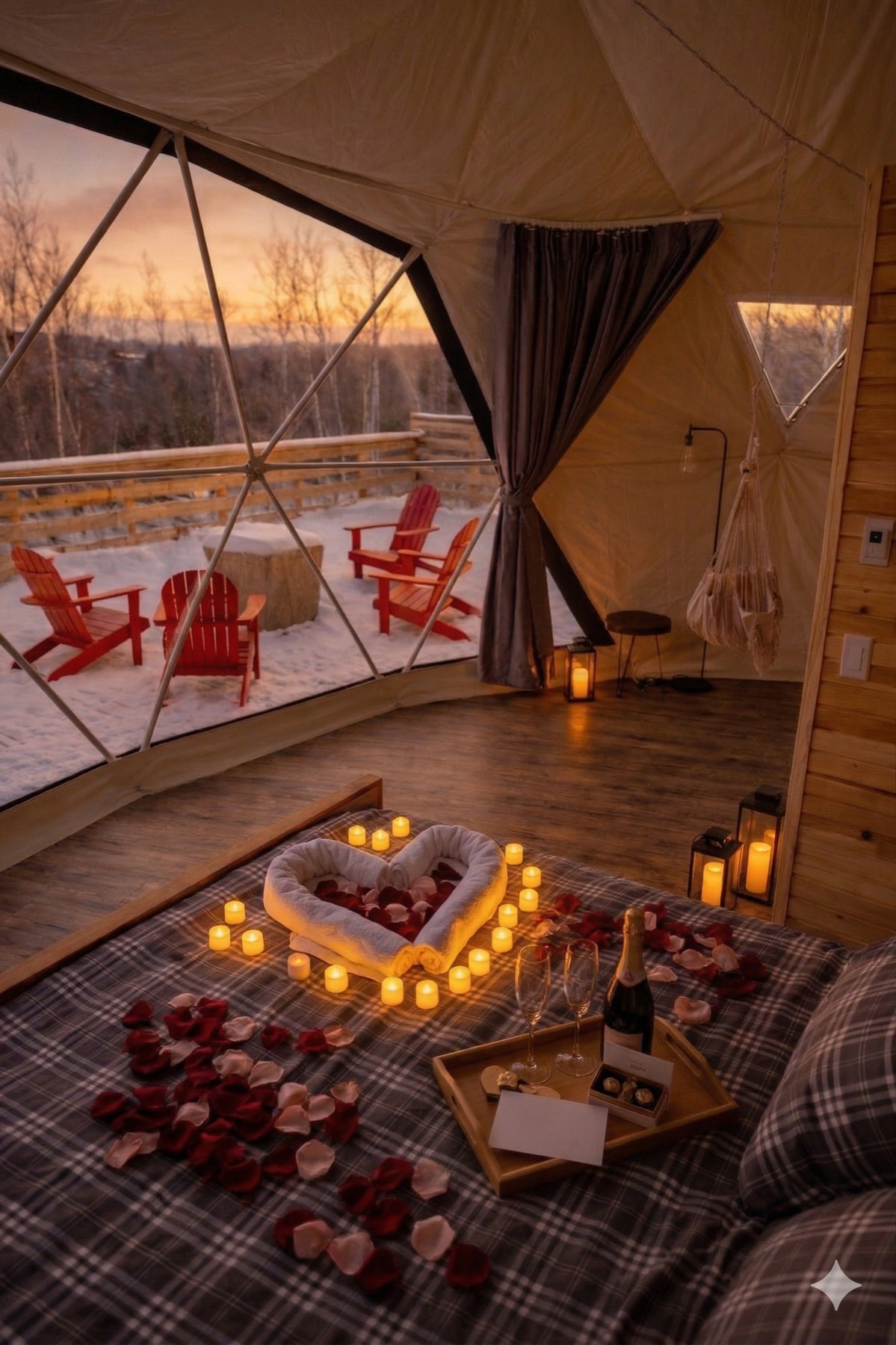Dome bed dressed with rose petals and candles for a romantic setup