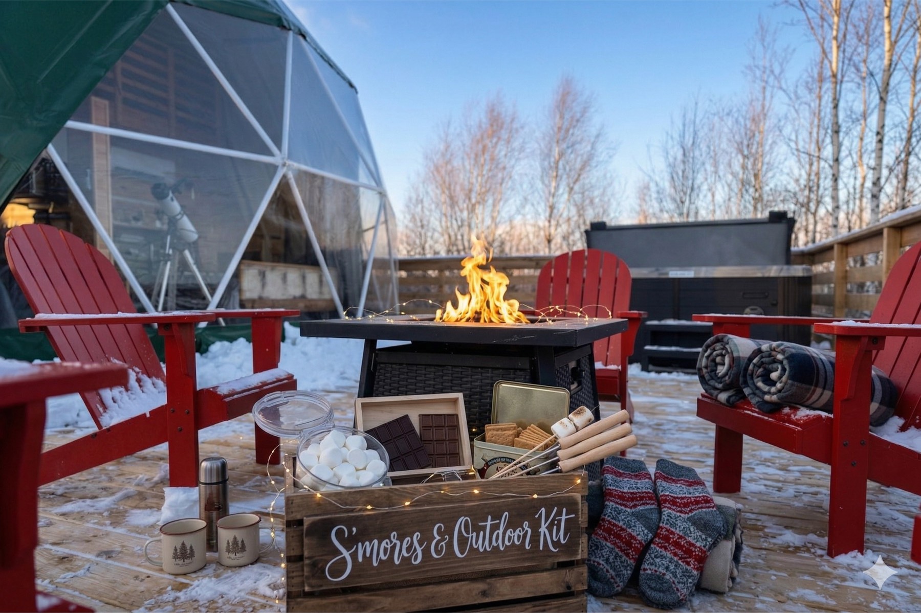 S'mores kit with marshmallows and chocolate beside the fire